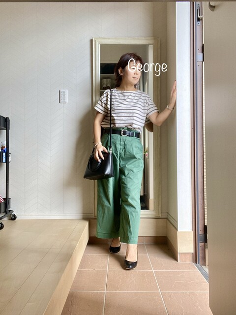 2101 無印良品のボーダーシャツ カーキのワイドパンツに合わせたカチッとコーデ Le Style George