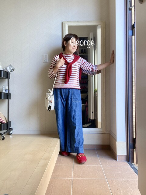 ユニクロの赤ボーダー マリンカラーでリンクコーデ Le Style George