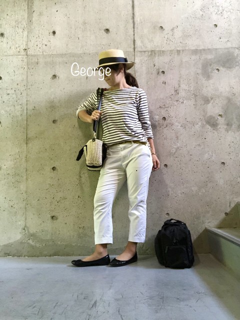 ちょっと福岡まで旅行 ユニクロのボーダーシャツ しまむらのかごバッグと麦わら帽子 夏コーデ Le Style George