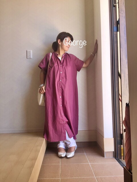 08 Guのバンドカラーギャザーワンピースを使ったマタニティコーデ むくみも隠すよ Le Style George