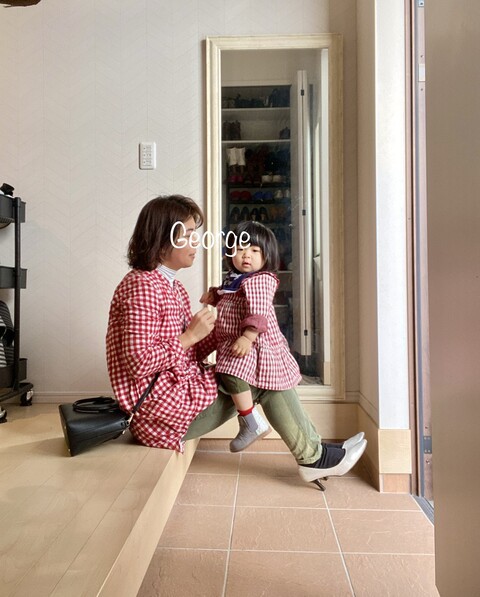 20211222 赤のギンガムチェックチュニック、親子リンクコーデ 20211222 赤のギンガムチェックチュニック、親子リンクコーデ