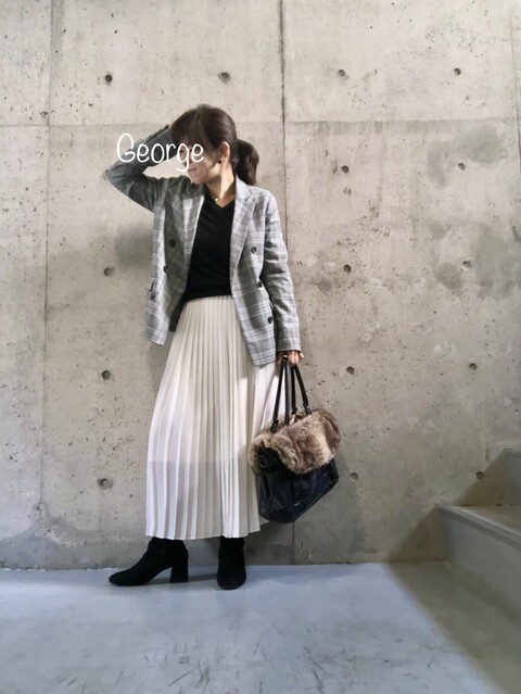 【未使用タグ付】ジーユー ユニクロ セレモニースーツ プリーツスカート 20200219 GU のチェックジャケット、ユニクロのプリーツスカートで作る