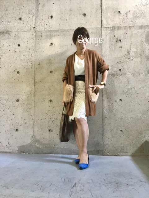 Beamsのレーススカートにサッシュベルト しまむらロングカーデに合わせた茶系コーデ Le Style George