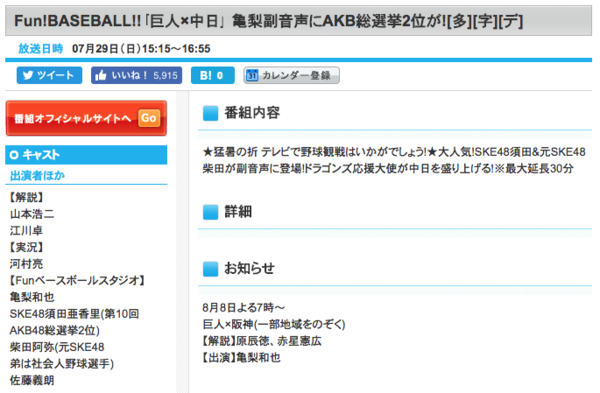 須田亜香里 柴田阿弥が副音声に登場 Fun Baseball 巨人 中日 7月29日放送 Ske48まとめろぐっ