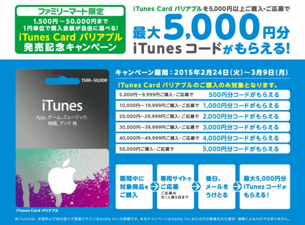 2 24開始 ファミリーマート 最大10 分のitunesコードをプレゼントする Itunes Card バリアブル発売記念キャンペーン を15年3月9日 月 まで開催 Apple Brothers Loves Mac