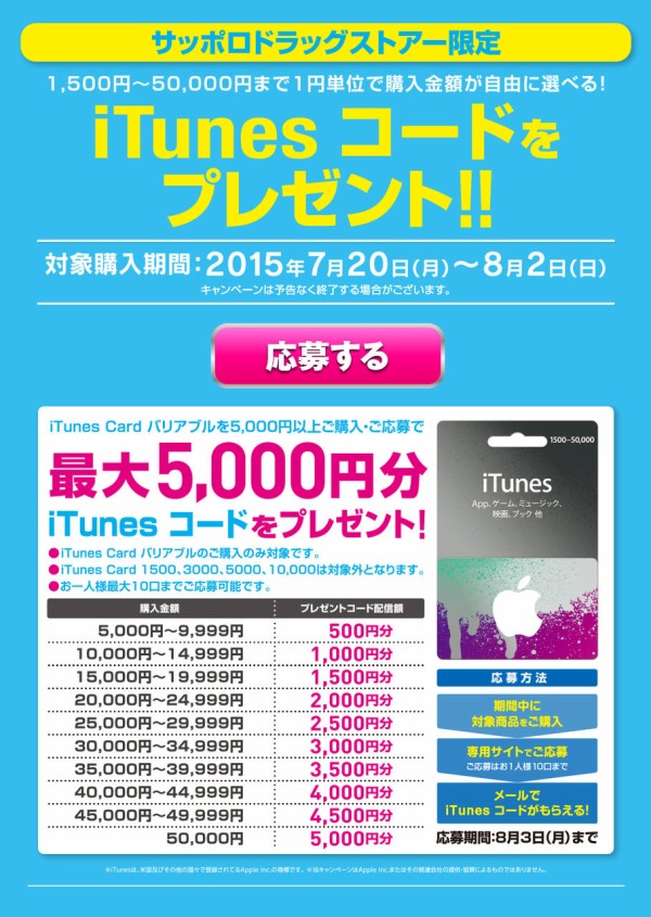 北海道 サッポロドラッグストアー 最大10 分のitunesコードをプレゼントする バリアブル Itunes Cardキャンペーン を開催 15年7月日 月 8月2日 日 まで Apple Brothers Loves Mac