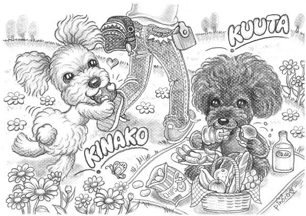 ストーリーのあるわんちゃんモノクロ似顔絵イラスト あとりえピノコ