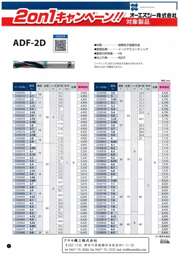 キャンペーン】超硬フラットドリルADF 2on1キャンペーン＠オーエスジー