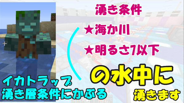 マイクラje 1 14 イカトラップの作り方 効率とドラウンド対策 初心者向け ばばクラ ばばあのマインクラフト