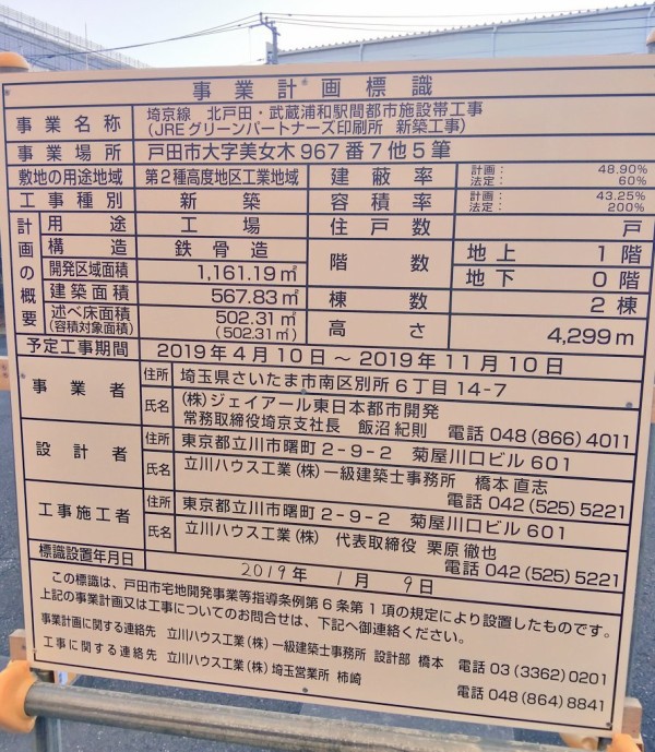 埼京線北戸田 武蔵浦和駅間都市施設帯工事 Jreグリーンパートナーズ印刷所新築工事 建築看板 浦和裏日記 さいたま市の地域ブログ