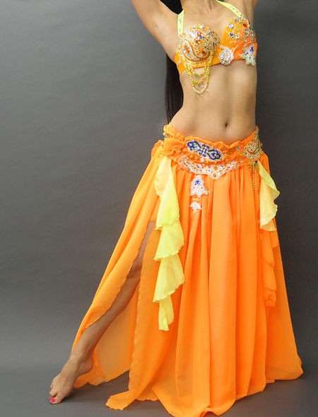 オレンジx蛍光イエローでとても目立ってキラキラ！のベリーダンス衣装