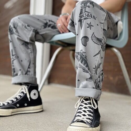 クックマンシェフパンツ オールドタトゥー柄 XL グレー COOKMAN（クックマン）オールドタトゥー グレイ シェフパンツ