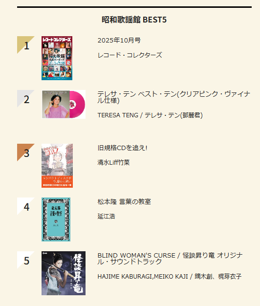 9/29(月)付 週間 昭和歌謡館(新品)BEST5 : ディスクユニオン昭和