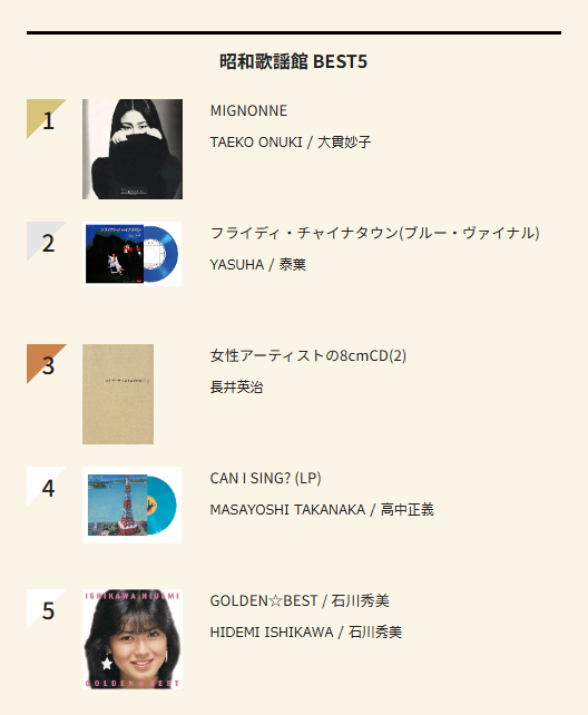 5/18(月)付 週間 昭和歌謡館(新品)BEST5 : ディスクユニオン昭和歌謡館