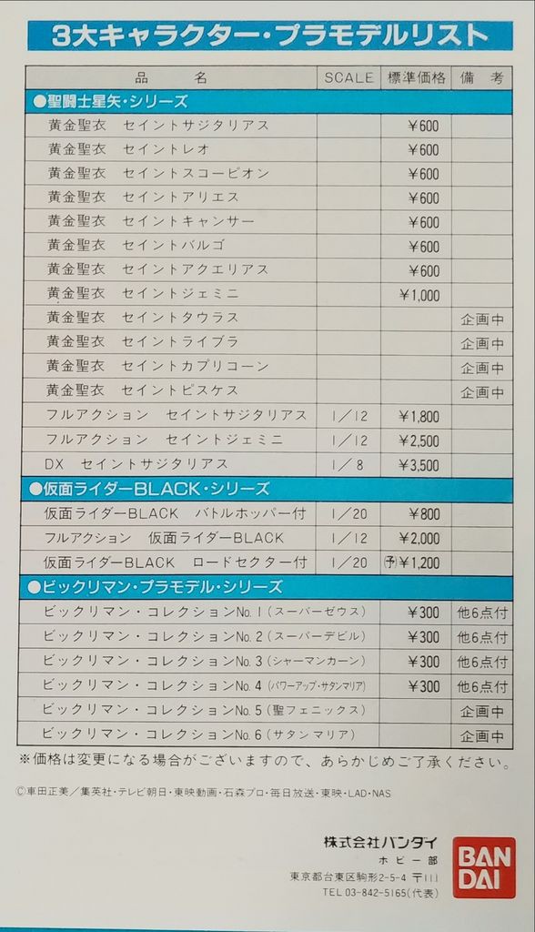 1987年のバンダイのプラモのチラシ 聖闘士星矢 ビックリマン 仮面