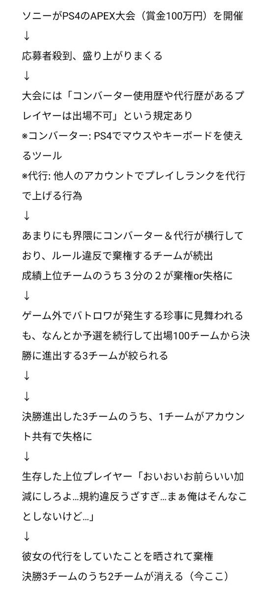 Apex ソニーが主催した賞金100万円のps4大会 チームの殆どが規約違反のチクり合い場外バトロワで棄権にｗｗｗｗｗｗｗ 同人速報