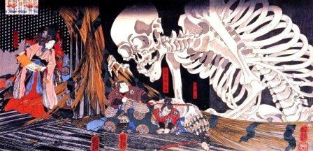 【ドクロ図】渡辺始興／【書】蜀山人 (貼り合わせ)／紙本　掛軸【髑髏／骸骨】 ドクロ図】渡辺始興／【書】蜀山人 (貼り合わせ)／紙本 掛軸