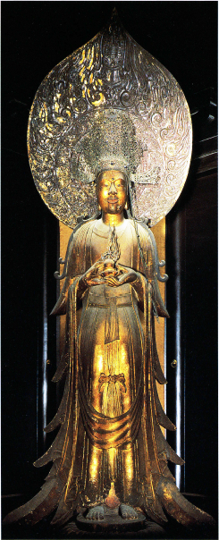 真筆】掛け軸 法隆寺 救世観音 夢殿◇野村雪草 尺八立 共箱・タトウ