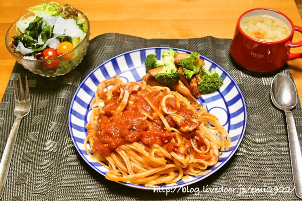 イカのトマトソースパスタの献立 美味しいごはん