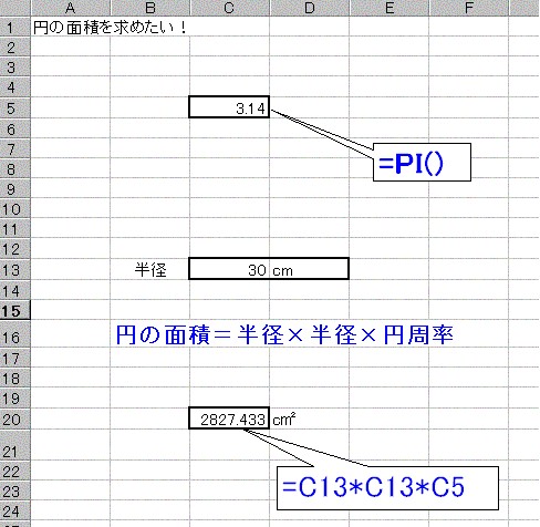 円の面積を求めたい エクセルの関数らくだ