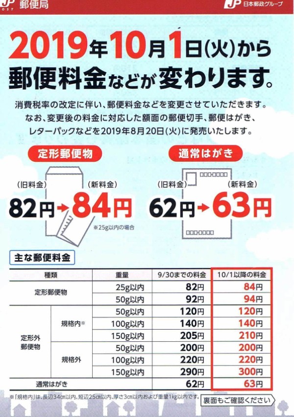 郵便料金改定 日本郵便 2019年10月１日（火）から変わります。 : 有限