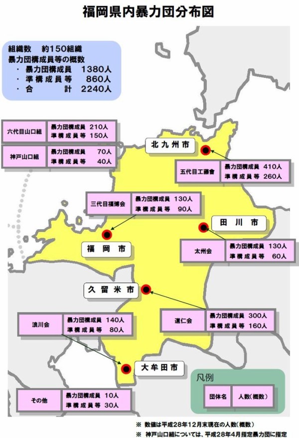 16年12月版 福岡県 暴力団勢力分布図 がこちら 組数150組員人数2240 福岡まとめ速報 16年12月版 福岡県 暴力団勢力分布図 がこちら 組数150組員人数2240 福岡まとめ速報