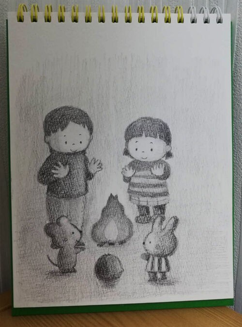鉛筆画 焚き火のイラスト 子供と動物のイラスト屋さん