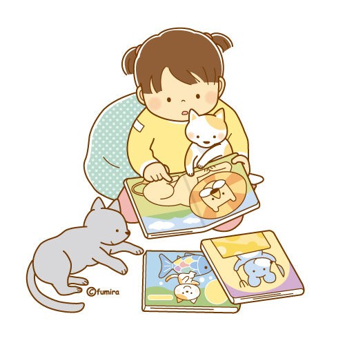 動物と子供の手描きイラスト　額付き クリップアート】猫に絵本を読んであげる子どものイラスト : 子供と