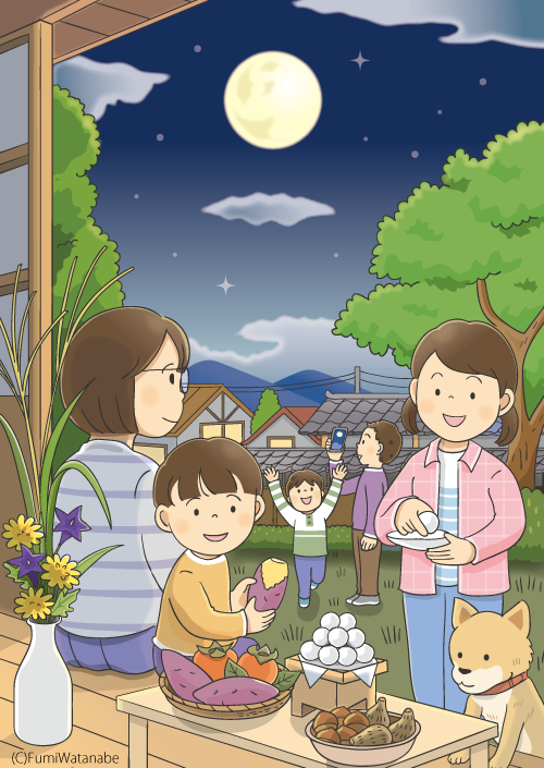 オリジナルイラスト】お月見する家族（十五夜のイラスト） : 子供と