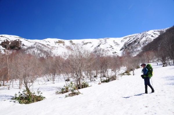 ツボ足 踏み抜き 尻セード 残雪の平標山 ソラミチ 空の下の路の上から