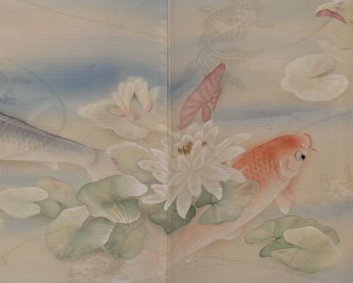 鯉が泳いでます♡ 洗える夏着物 【波と鯉とストライプ】撫松庵などお好きな方♪ 鯉が泳いでます♡ 洗える夏着物 【波と鯉とストライプ】撫松庵