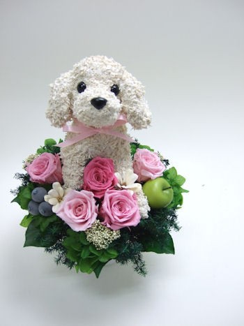 白い犬のトピアリープリザーブドフラワーアレンジ 犬猫動物トピアリーの過去の作品集