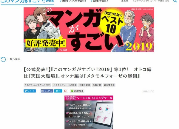 このマンガがすごい 19 第1位オトコ編は 天国大魔境 作者の石黒正数先生困惑 まだ1巻しか出てない はちま起稿