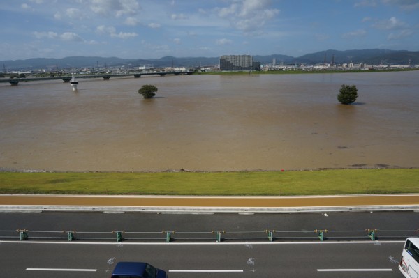 台風18号で淀川河川公園が完全に水没 簡易事務所みたいなのが逆さになって浮いてる 枚方つーしん