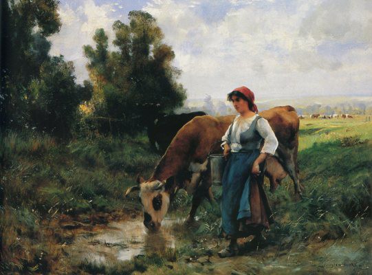 女性農民と牛のいる風景画 赤黒く A3 フランスのアート 売買され 女性農民と牛のいる風景画 赤黒く A3 フランスのアート 売買され