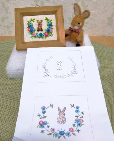 羊毛フェルト刺繍／うさぎが可愛く出来て、フレーム完成