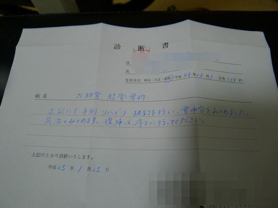 骨折日記 脛骨 腓骨 76 祝 完治証明書 13 1 25 サロメ スタイル