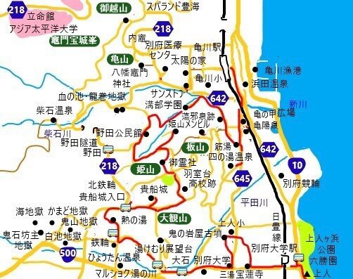 上人ヶ浜から鉄輪温泉・貴船城・羽室御霊社を経て亀川温泉へ (後編