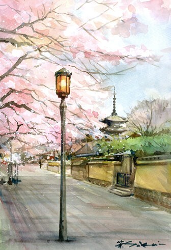 街灯の水彩画額装済み 4月5日の水彩画 : カクロクさんの水彩画2