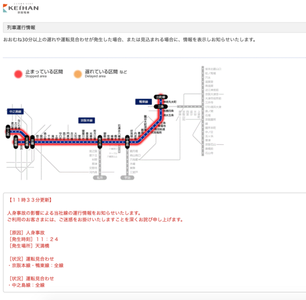 京阪電車の本線が運転見合わせ中 交野線は動いてる 11時24分天満橋で人身事故の影響 交野タイムズ