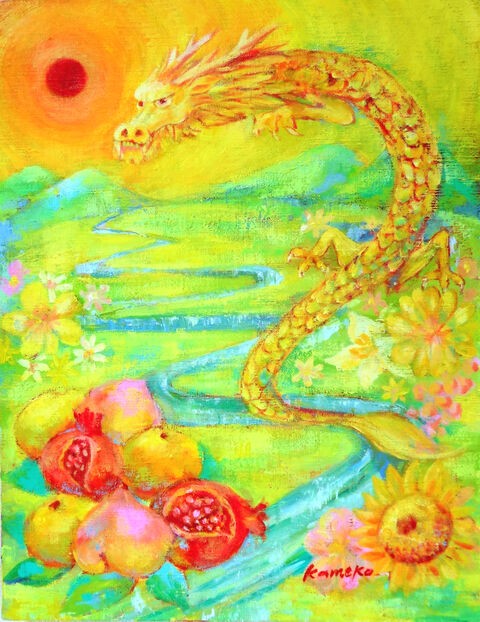 風水幸せ絵画＊夢色光画〜子龍✡六芒星玉on龍体文字/ブルー