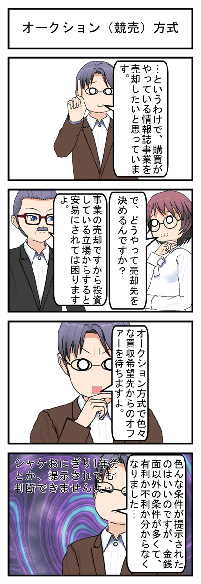 オークション 競売 形式 多数の買収希望者から条件を提示してもらいます まんがで気軽に経営用語