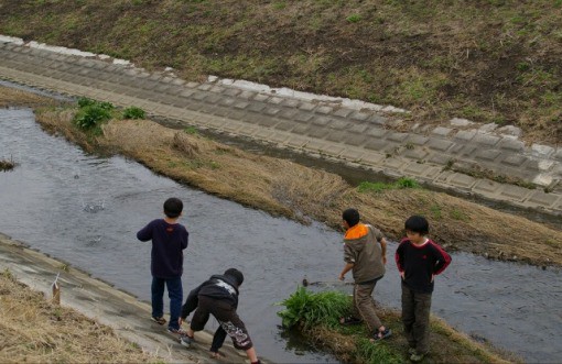 曇り空の小名木川では子供達が水切り遊びをしていました 四街道の四季
