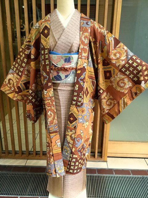 茶地更紗裂文紬羽織 : きもの な か む ら