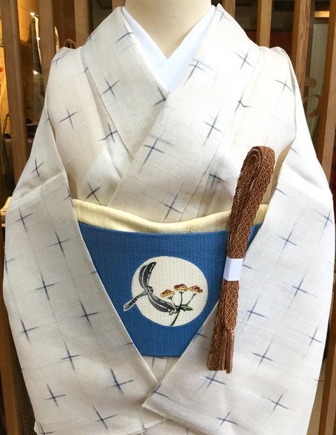 紗 染めの夏着物 (ろーぷ絞り)居敷当て付き（浴衣 有松絞り つゆくさの 