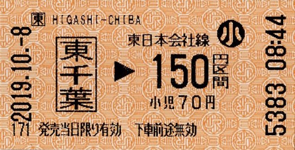JR東日本 普通乗車券（東千葉駅発行・エドモンソン券） : きっぷうりば