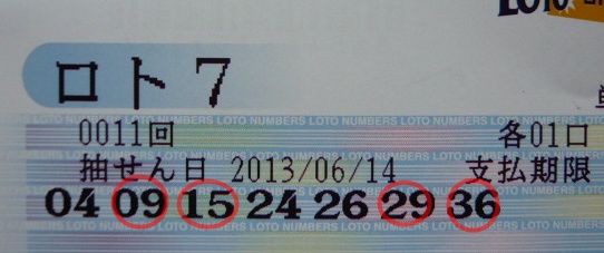 ロト７ ５等当選 2 0円ゲット 第１１回の当選番号と結果 ロト７攻略法 Kisimon7の１点予想