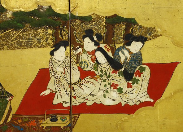 風俗画屏風 桜下遊興図 中形六曲一隻 : 骨董・古美術品 風俗画屏風 桜下遊興図 中形六曲一隻 : 骨董・古美術品