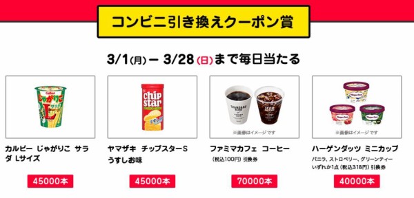 コンビニ商品引換券がその場の抽選で万名に当たる 3 28まで ねとこじ