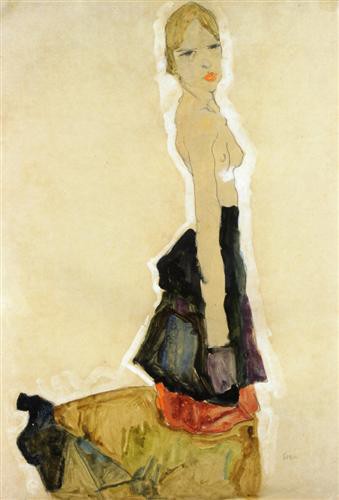 エゴン・シーレ、【緑の頭巾をかぶってうずくまる女】、希少な画集画 